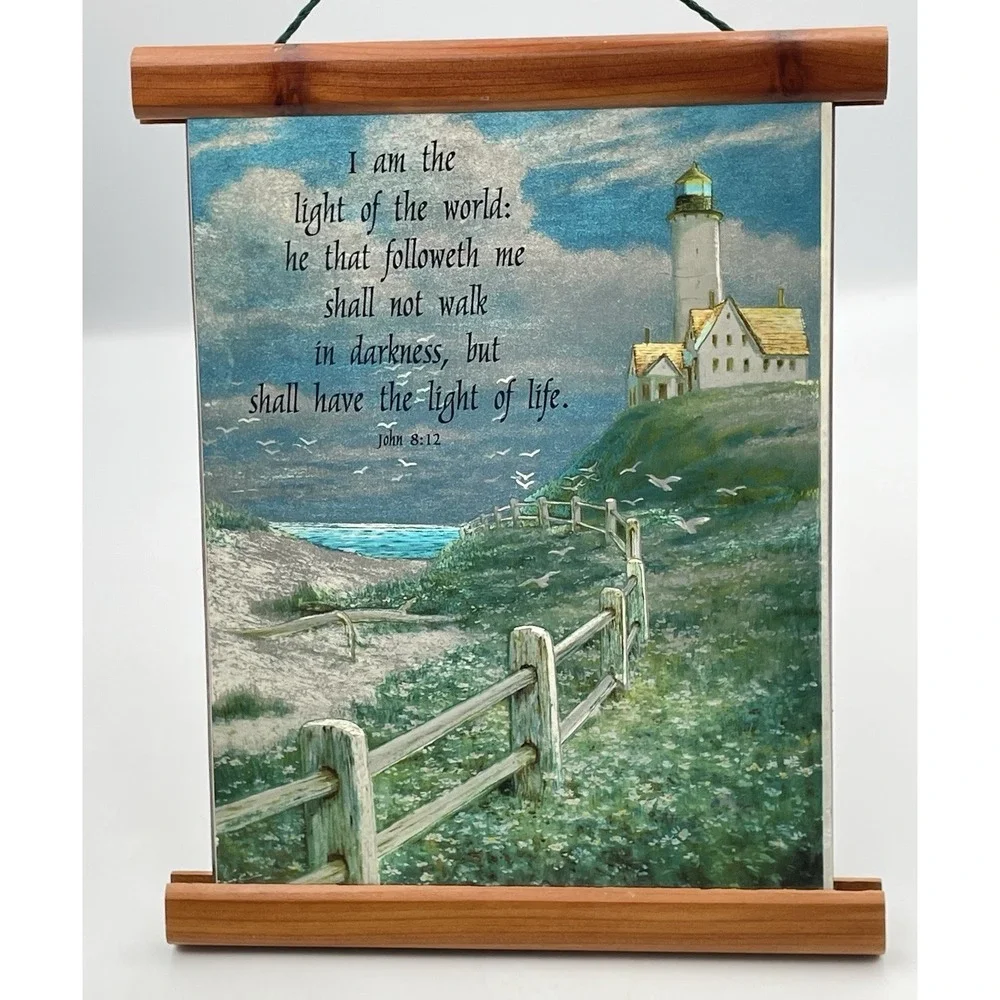 Vintage 1980s Christian Lighthouse Wall Hanging John 8:12 Foil‎ Art Plaque 9x7